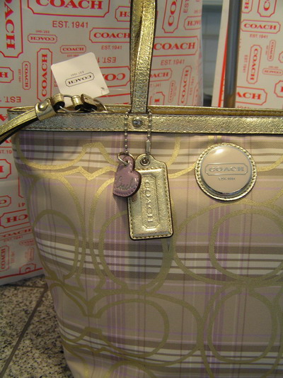 NWT CUTE COACH LILAC & GOLD SPRING PLAID SIGNATURE TOTE HANDBAG PURSE 